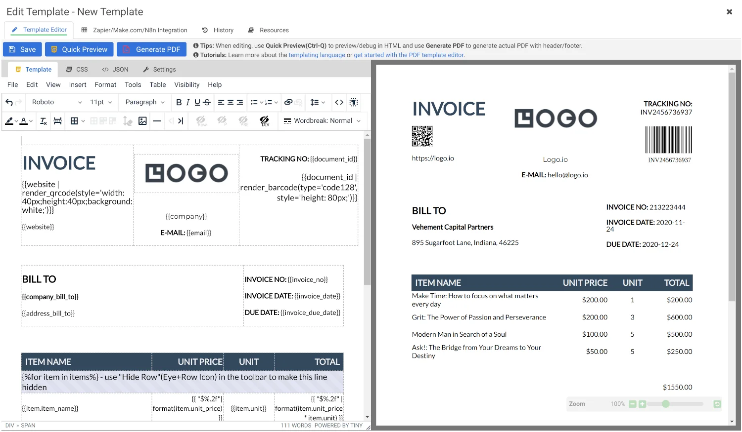 APITemplate.io drag and drop PDF template editor interface